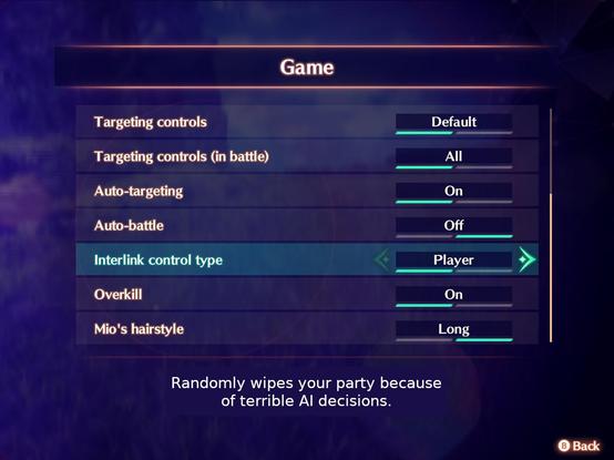 Cropped and edited screenshot of the options menu in Xenoblade 3 which replaced the description of the "Interlink control type" option to "Randomly wipes your party because of terrible AI decisions."