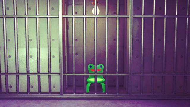 Animal Crossing: New Horizons screenshot. Dimly lit room with concrete walls and concrete floor. The camera is facing a jail cell with a single light bulb hanging down and a bright, green froggy chair within.