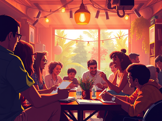 Group of people laughing and collaborating around a table in a cozy, sunlit room with decorative lights.