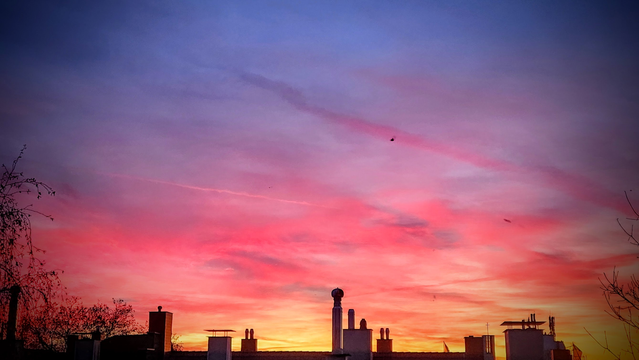 Über den Dächern der Stadt sieht man das Abendrot. Der Himmel ist mit ein paar verwaschenen Kondensstreifen (Flugzeuge) und ein paar Federwölkchen gezeichnet. Die untergegangene Sonne malt den Horizont gelb, die Wolken orange bis rosa und den klaren Himmel blau-lila.