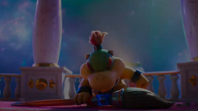 Bowsy y su pincel de Super Mario Sunshine, tiene una pose de rodilla hincada y la otra doblada, cabizbajo y ojos cerrados.
