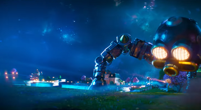 El observatorio de fondo y una caseta-castillo. En el plano sale un enemigo robot con aspecto aracnoide y Estela atacándole con su varita.