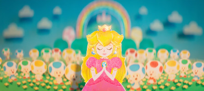 Peach dibujada en estilo papel con las manos juntas y al fondo muchos Toads.