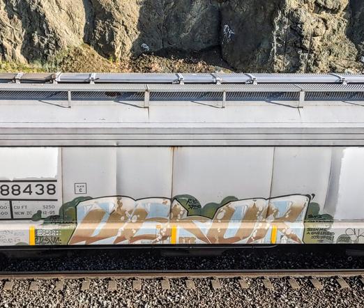 Train car with graffiti rolling through Kamloops BC Canada
