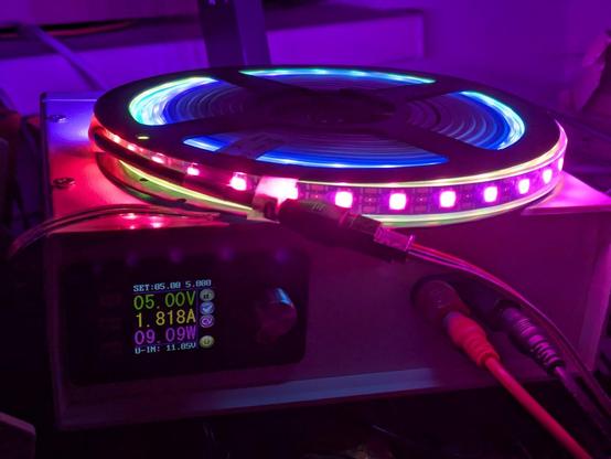 RGB addressable LED strip drawing 9W of power while showing a rainbow effect