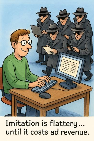 An AI created picure of a writer, creating content, and a bunch of "spies" stealing the content looking over his shoulder