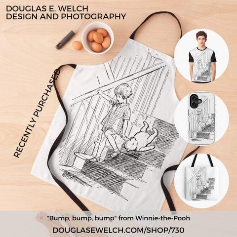 The image features a product mock-up of a black and white illustration printed on an apron and three t-shirts. The central image is an apron with a sketch of a person standing in a room with a rug and a chair; there is a smaller figure on the rug as well. The illustration is done in a line drawing style with shading. To the right are three circular mock-ups showing the same illustration printed on a white t-shirt, one showing the front of the shirt, one showing the back, and one showing the side.