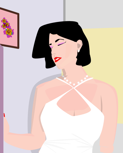 Alt text: A digital vector portrait of a woman in a white halter-style dress and pearl necklace, standing in a softly colored room. She has short black hair, red lipstick, and lavender eyeshadow, with her eyes closed in a calm, confident expression. A framed pink floral picture hangs on the wall behind her. The overall style is clean and lineless, with pastel tones and a vintage glam aesthetic.