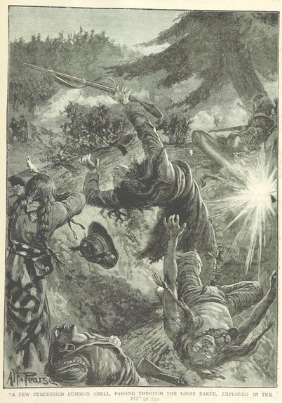 Alberta Field Force artillery fires on Cree fighters (illustration from a British book)