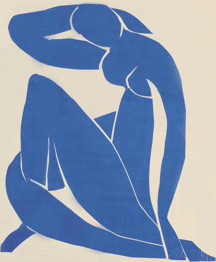 A Modern Art collage. Cutouts of blue paper are arranged on a white background to create the form of a nude woman, seated with legs crossed and an arm over her head. All is suggested by forms and is not detailed or realistic.