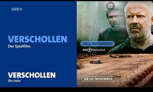 Bildausschnitt zum TV Film Verschollen. ARD Logo mit Südwest Rundfunk SWR und Datum 6.11 sowie 10.11. Schauspieler Axel Milberg und Max Hambach vor einer gerodeten Waldplantage. Zweiteilige Ankündigung Spielfilm und Doku