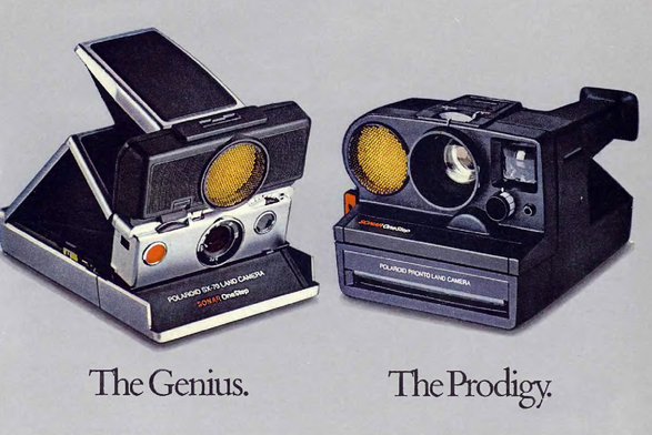 1980 Classic Polaroid Camera Advertisement from January 1980

The image is a vintage advertisement featuring two classic instant cameras, with the left camera labeled "The Genius" and the right one as "The Prodigy." The ad showcases these models which are part of the Polaroid SX-70 Land Camera series. Both designs incorporate distinctive yellowish lenses that were characteristic of their era.

Beneath each camera model is a brief description in all caps, emphasizing their unique features or concepts for instant photography—a concept revolutionary at the time.
The "Genius" has its lens on top while opened up and appears more compact compared to the "Prodigy," which seems larger with two lenses visible side by side.