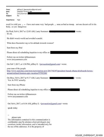 Photo by George Conway on November 12, 2025. May be an image of ‎text that says '‎From: Sent: Subject: [eevacation@gmail.com] 79:53:21AM Summers Fie: Importance: High rccall have mct somc vcry bad pcople ycs- dangerous 2017 nonca 12:03 AM, Lary Summers trump. not onc decent didn't wreck world and avoided scandal. doos Ruemmler wrote: his Sent תוך لا Pud Please direul all scheduling inquiries my flice twitter @lhsummers the people jeevacation@mail.com> wrote: Mon, Feh 2017 9:17 AM, Larry Summers NYC . Irum my Phone wrote: Please direct l1 scheduling inquiries my witter @lhsummers www.lacrysummers.com speak today *jevacalionr@_gmail.com>wrole notc informmation containedi confidential, ם constitute side formation, the addressec. this communicationi privileged, may intendod only for property OVERSIGHT‎'‎.