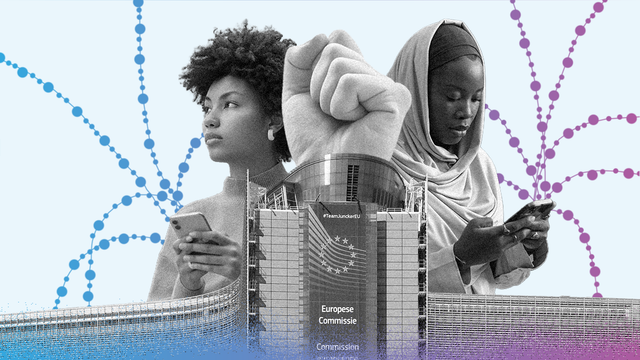 Commission building with, in the background, a raised fist and two people using their phones