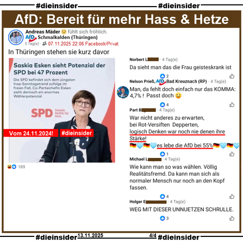 Andreas Mäder von der AfD Schmalkalden in Thüringen teilt auch das Sharepic mit Saskia Esken vom 24.11.2024 vor der Bundestagswahl und "Saskia Esken sieht Potenzial der SPD bei 47 Prozent."
Dazu postet er "In Thüringen stehen sie kurz davor.". Unsere Slide-Überschrift lautet "AfD: Bereit für mehr Hass & Hetze."

Wir zeigen dazu u.a. noch diese weiteren Kommentare 
"Da sieht man das die Frau geisteskrank ist.", Nelson Prieß von der AfD Bad Kreuznach in Rheinland-Pfalz kommentiert "Man, da fehlt doch einfach nur das KOMMA: 4,7%! Passt doch. 🙂", "War nicht anderes zu erwarten, bei Rot-Versiften Depperten, logisch Denken war noch nie denen ihre Stärke! 🇩🇪🩵🇩🇪🩵es lebe die AfD bei 55%🇩🇪🩵🇩🇪🩵.", "Wie kann man so was wählen. Völlig Realitätsfremd. Da kann man sich als normaler Mensch nur noch an den Kopf fassen." und "WEG MIT DIESER UNNUETZEN SCHRULLE."