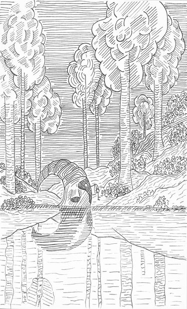 Black and white drawing of a hooded small figure with a key in hand standing on the shore of a lake .
