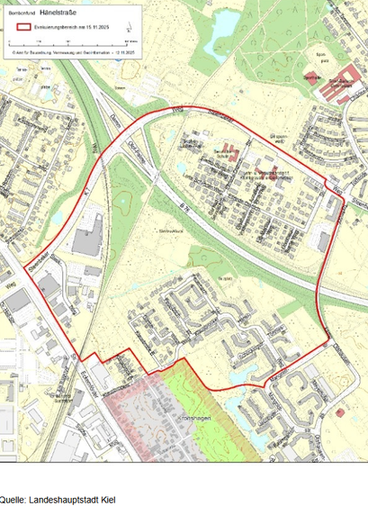 Kartendarstellung des Sperrbereichs am 15.11.2025. Der Sperrbereich erfasst Bereiche entlang der B76 mit der Begrenzung des Suchskrug im Norden der Eckernförder Straße im Westen, der Mangoldstraße im Südosten und dem Trofmoorkamp im Osten. Sollten Sie durch Krankheit behindert oder bettlägerig sein, Hilfe brauchen oder Fragen zur Evakuierung haben, rufen Sie bitte beim Servicetelefon der Berufsfeuerwehr Kiel an, unter Telefon 0431 5905-555.