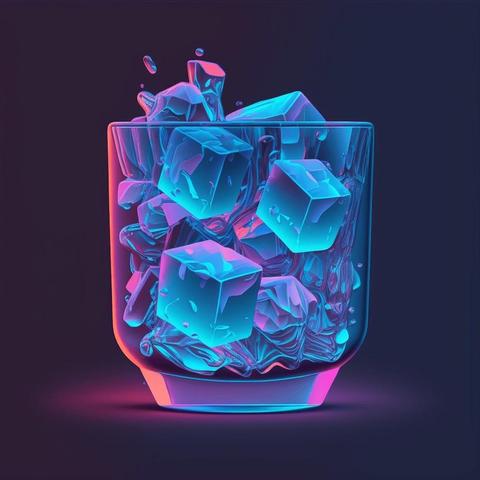 the original Ice Cubes app icon, depicting a glass full of ice cubes in a hyper-realistic liquid style (not Liquid Glass! 🤪) with pink & blue synthwave / cyberpunk colours