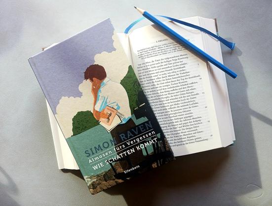 Foto des Buches, auf dessen gezeichnetem Cover, ein dunkelhaariger Mann in nachdenklicher Haltung auf eine Mittelmeerbucht schaut. Er ist von schräg hinten zu sehen, hat eine Hand an den Kopf gelegt, trägt ein weißes Kurzarmhemd und hat die »Odyssee« und einen Stapel Papier in der anderen Hand. 

Das Buch liegt auf einer Aufgabe Homer »Ilias und Odyssee« (dt. v. Johann Heinrich Voß), Artemis und Winkler 1957/2012, die auf der ersten Seite der »Odyssee« aufgeschlagen ist: »Sage mir, Muse, die Taten des vielgewanderten Mannes, / Welcher so weit geirrt, nach der heiligen Troja Zerstörung …« 

Ein blaues Lesebändchen markiert die Seite, ein blauer Bleistift in derselben Farbe liegt darauf. Die Bücher liegen auf grauem Hintergrund, von oben fällt schräg sanftes Sonnenlicht über das Bucharrangement und wirft Schatten.