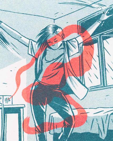 Risograph print showing a young woman dancing enveloped by a neon orange serpent-like cloud