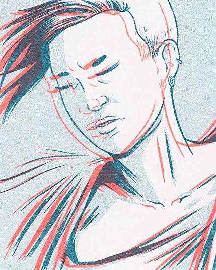 Portrait show of a young woman with an undercut hairstyle. The image is printed with two colours: teal and orange, the two colours are slightly offset resulting in two images on on top of the other, but shifted so both are visible.