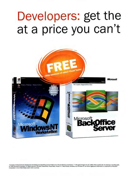 A 1998 Microsoft advertisement featuring large, colorful boxes of "Microsoft Windows NT Workstation" and "Microsoft BackOffice Server" software. The headline at the top reads, “Developers: get the power you need at a price you can’t ignore.” A large orange burst in the center says “FREE (With purchase of select Visual Tools).” The Microsoft logo is in the bottom right corner