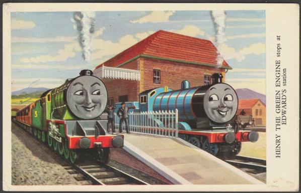 Printed colour postcard showing an illustration from The Railway Series books by Rev W. Awdry of Henry the Green Engine stopping at Edward's station.

Published by Edmund Ward (Publishers) Ltd, Leicester, PC Series No 301/6.

Postally used on 11 April 1955 with single circle Banstead cancellation on brown 2d stamp and sent to Miss Anne Ruff, Lucas Ward, St Bartholomew's Hospital, London EC1.

Good condition, with slight corner bumps.