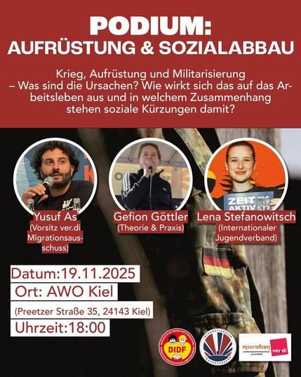 Plakat mit Abbildung der Teilnehmenden des Podiums mit Text wie oben.