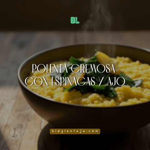 Polenta cremosa vegana con espinacas y ajo dorado servida en plato hondo.