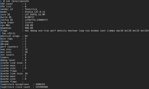 The image displays a terminal window showing the output of the command `cat /proc/cpuinfo`, detailing the specifications of a CPU. Key information includes the CPU count, vendor ID, model, clock speed, cache sizes, and various performance flags.