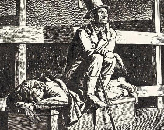 Ishmael and Queequeg lie together in the whaling ship. Woodcut illustration for "Moby-Dick" by Rockwell Kent.