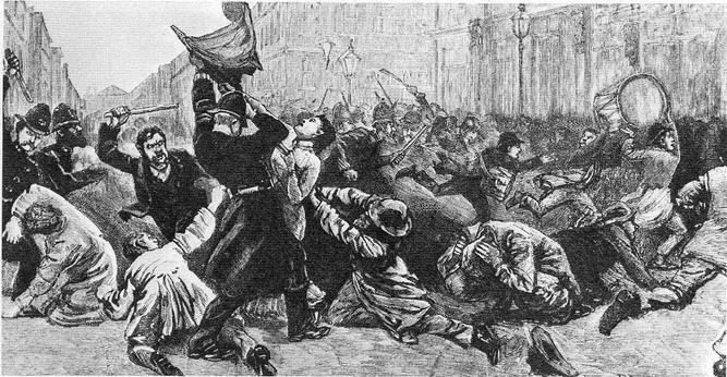 Engraving from The Graphic (published 19 November 1887) depicting a policeman being clubbed by a demonstrator as he wrests a banner from "a Socialist woman leader, one Mrs. Taylor", while other people are covering their heads to protect themselves from raised police batons. Public Domain, https://commons.wikimedia.org/w/index.php?curid=293128