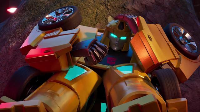 Bumblebee cowering whilst coming under fire in Transformers: CYBERWORLD.