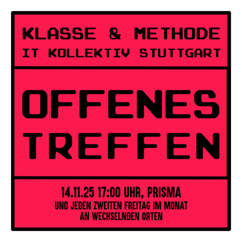 Sharpic im Stil eine Klassendiagramms mit rotem Hintergrund mit den Informationen zum Offenen Treffen.