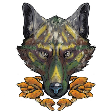A portrait of a greenish wolf