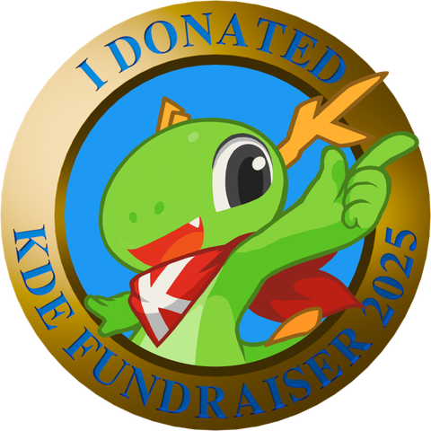 A gold-edged badge that reads "I donated - KDE Fundraiser 2025", with Konqi in the middle of the badge in his classic striking pose with his finger up