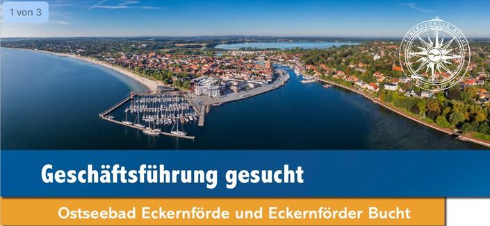 Luftbild des Ostseebades Eckernförde mit dem Schriftzug „Geschäftsführung gesucht“