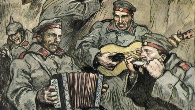 An illustration of trench soldiers playing music on accordion, guitar and harmonica.