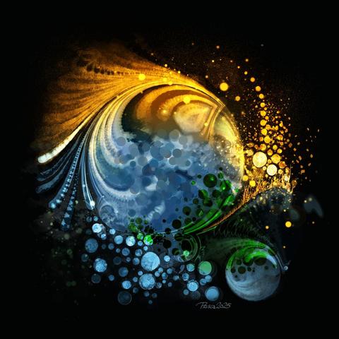 watercolour; dark background with a spinning ball of blue waves, yellow fire and a small green patch in the bottom right; there are waves of tapered lines and dots forming.