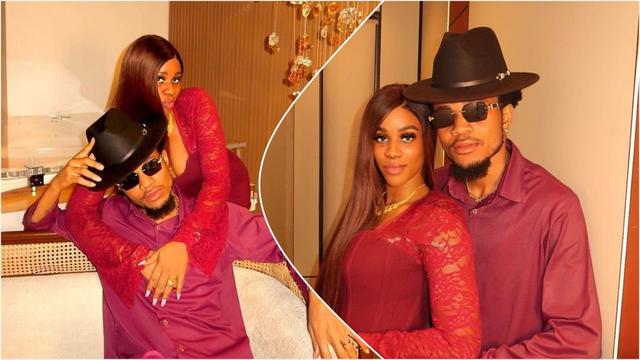 A collage showing Sammy West seated while his wife Enkay hugs him from behind in matching burgundy outfits, and another photo of the couple posing closely together indoors.