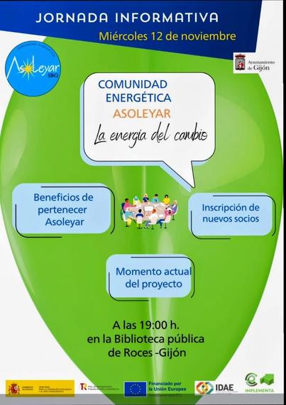 Charla comunidad energética en Gijón. 19 horas  12-11-25 biblioteca pública de Roces