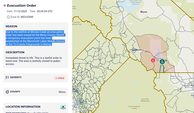 Snapshot of an evacuation map near Mammoth