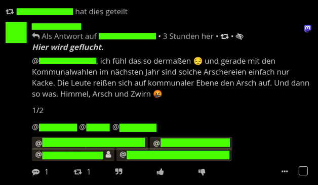 Screenshot von einem Kommentar bei dem drei Leute ganz ohne Grund erwähnt wurden. Die Namen/Pseudonyme der Leute sind unkenntlich gemacht