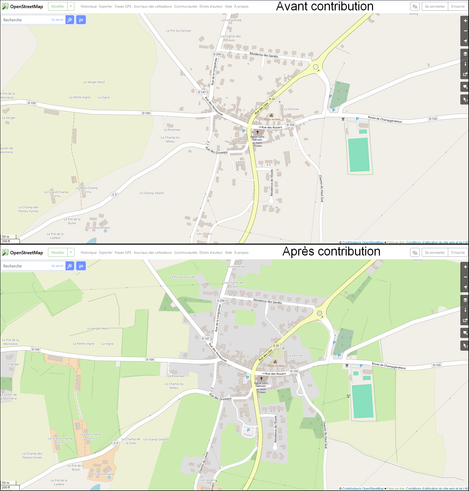 2 cartes d'une même commune l'une au-dessous de l'autre.
Celle du dessus avant contribution à OpenStreetMap (seules les routes, bâtiments et infrastructures sportives sont visibles).
Celle du dessous après contribution (des usages du terrains et quelques détails supplémentaires sont visibles).