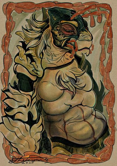 A digital waist-up drawing of an anthropomorphic grasshopper-like character.