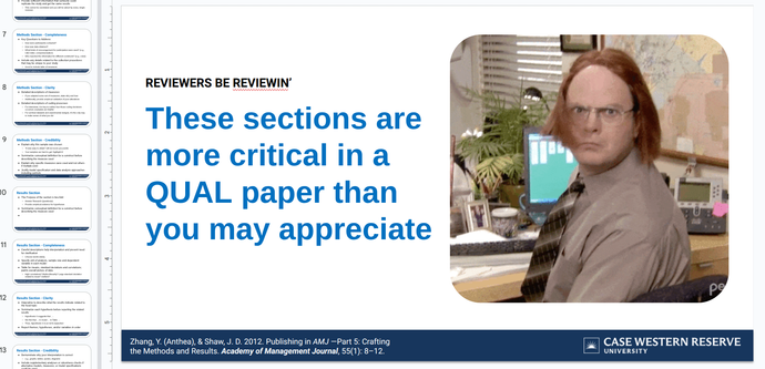 A set of slides for a doctorate research methods course reviewing AMJ editors notes on Methods and Findings sections, showing the text "REVIEWERS BE REVIEWIN’, These sections are more critical in a QUAL paper than you may appreciate" alongside an animated GIF of actor Rainn Wilson spinning in a chair with a red short wig as character Dwight Schrute in the American television show, The Office.