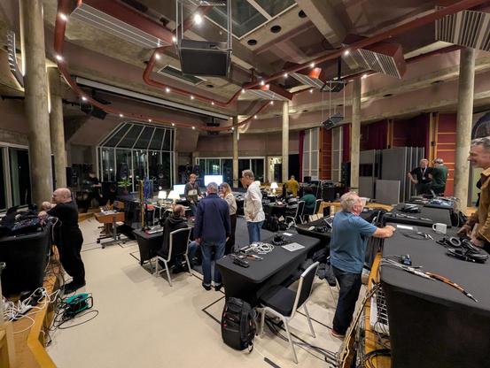 The Big Room at Real World Studios in Box, UK on a rainy Thursday night. It's full of excited people setting up recording equipment.