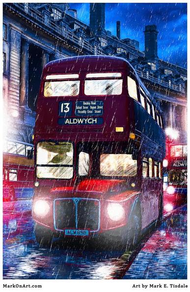 Digital art depicting a red vintage routemaster bus on a London street on a rainy night. Puddles on the sidewalks and roadway are reflecting the lights and colors.