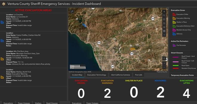 Screenshot of 2 evacuation warnings, 2 advisories