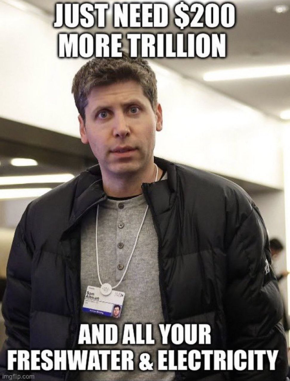 A meme-style image features a close-up shot of SAM ALTMAN, head of Open AI, wearing a dark gray, buttoned-up jacket over a lighter gray shirt. The person is looking slightly to the left with a somewhat serious expression. A lanyard with a badge is visible around their neck, and there are blurred figures in the background. Text overlays the image in a large, white font. The text reads "JUST NEED $200 MORE TRILLION" at the top and "AND ALL YOUR FRESHWATER & ELECTRICITY" at the bottom. A small watermark reading "imgflip.com" is located in the lower right corner.